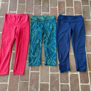 Aerie, Gaiam, Champion Capri Leggings Trio - Red, Teal w Lime Pattern & Blue